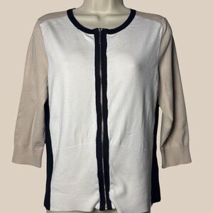 White House Black Market Chic Color Block Zip Up Cardigan Beige White Black SZ M
